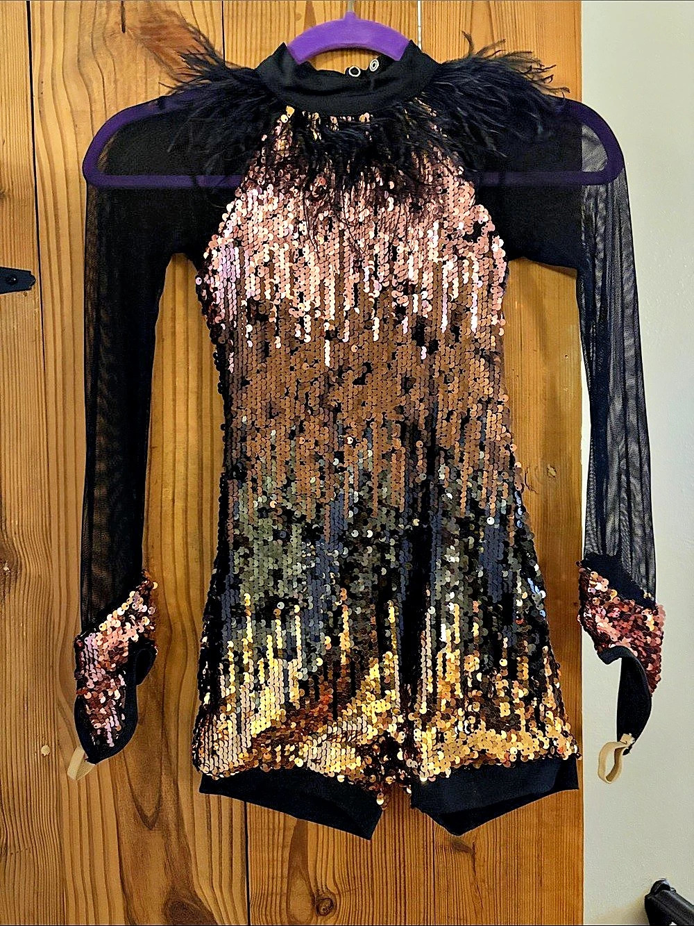 Dance Weissman Adieu / Ombré-Sequin Biketard + Feather Collar with Feather
